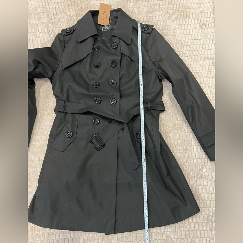 🚫SOLD ON MERC🚫 NWT Black Trench Coat women’s double breasted mid length sz 6 - Picture 13 of 14